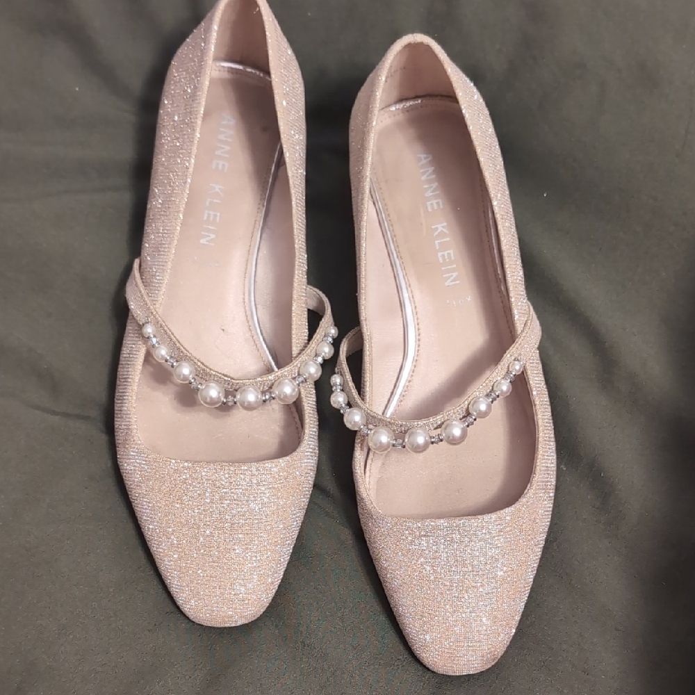 Anne Klein Gold Flats with Elegant Pearl Strap